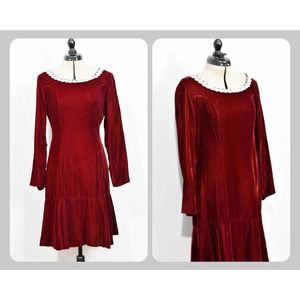 Red Velvet 60s Dress with Aurora Borealis Neckline